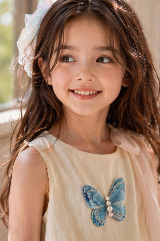Mint green girls butterfly tulle dress close-up detail