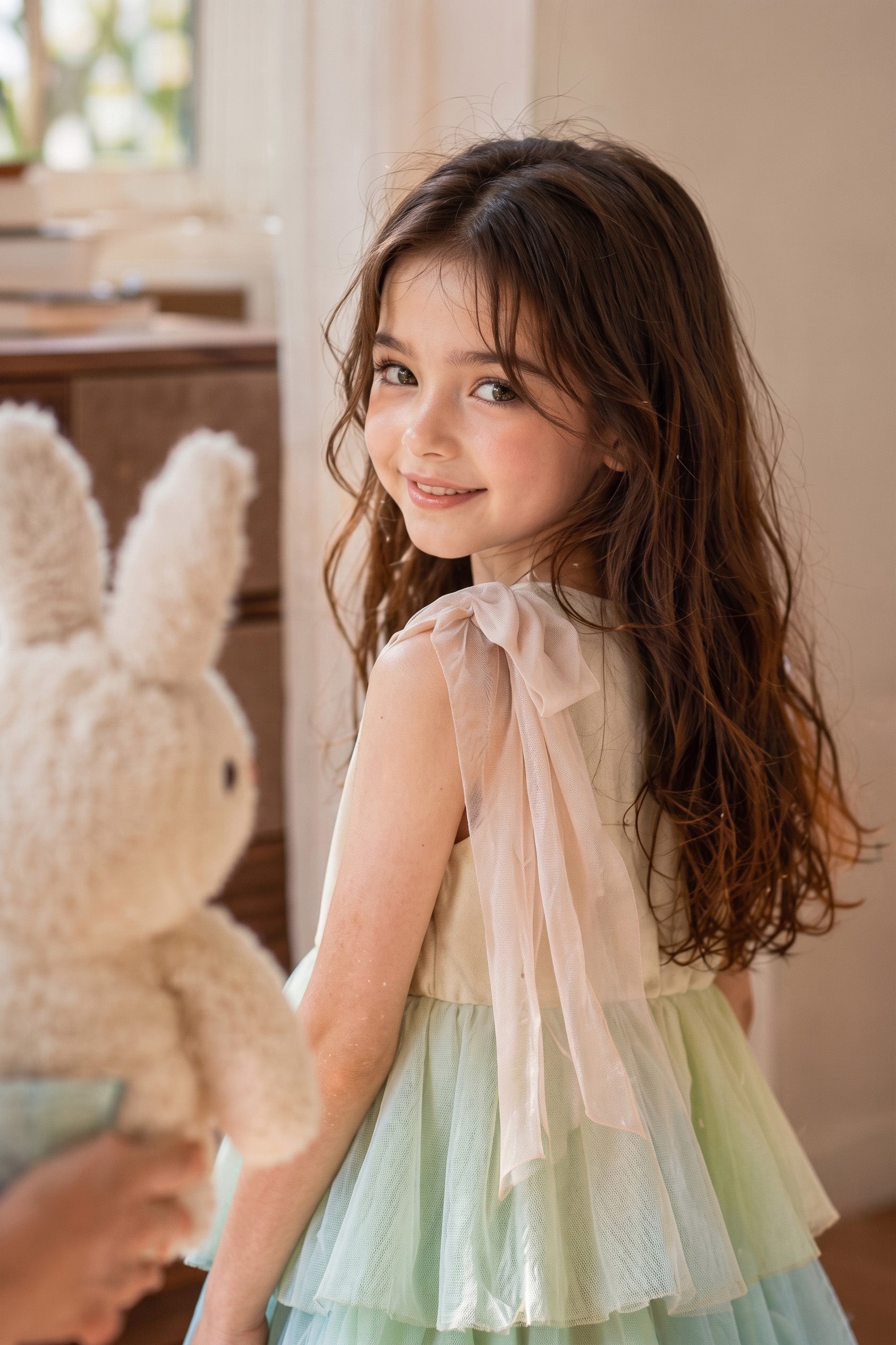 Mint green girls butterfly party dress side detail view