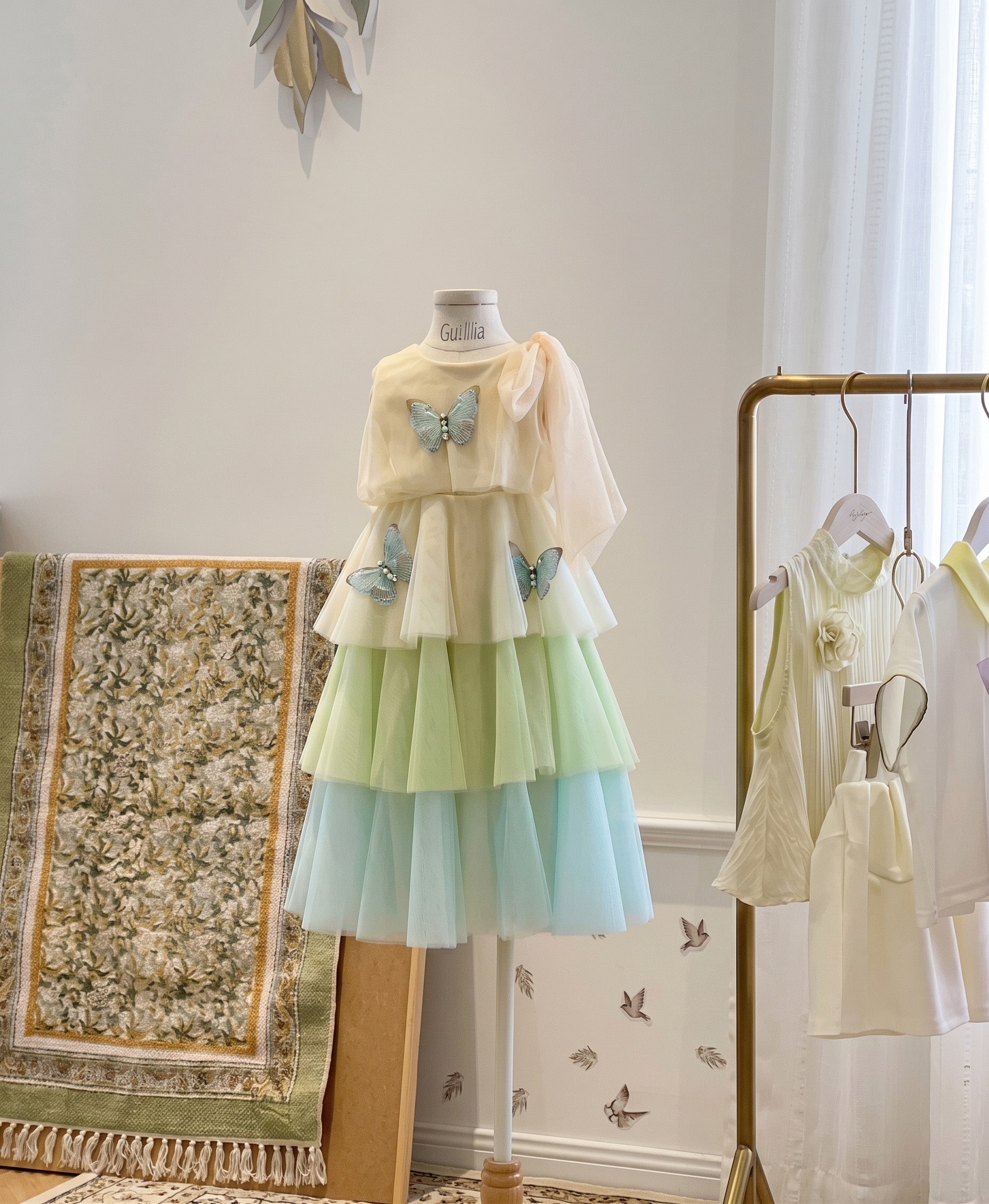 Mint green girls butterfly tulle party dress front view