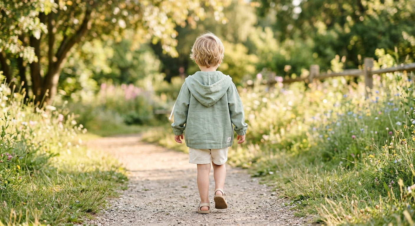 Lifestyle concept image of a child wearing a lightweight hooded summer jacket outdoors on a sunny day.